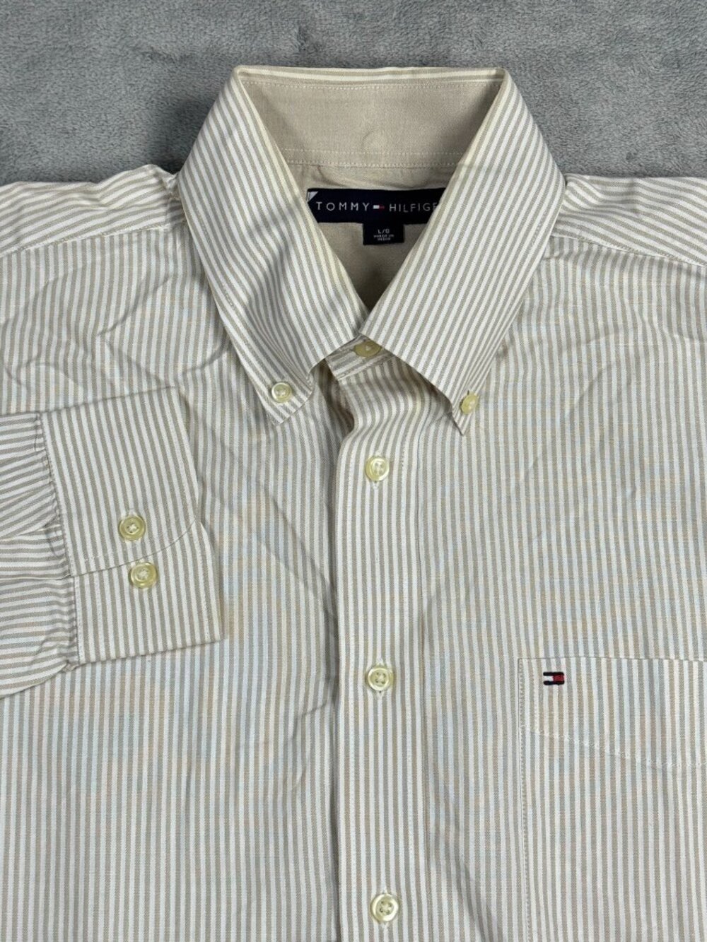 Tommy Hilfiger Tan Pinstriped Button Down Dress Shirt Mens L Office Preppy Work